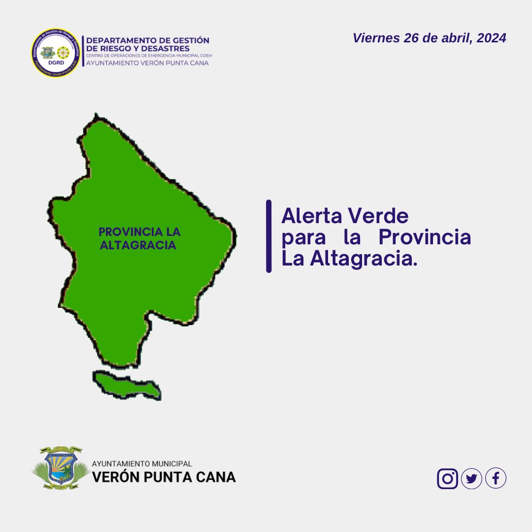 #DGRDInforma || El @COE_RD mantiene el nivel de #AlertaVerde para la provincia La Altagracia, debido a la incidencia de una vaguada.

#DGRD #AlcaldíaVPC #AlertaVerde