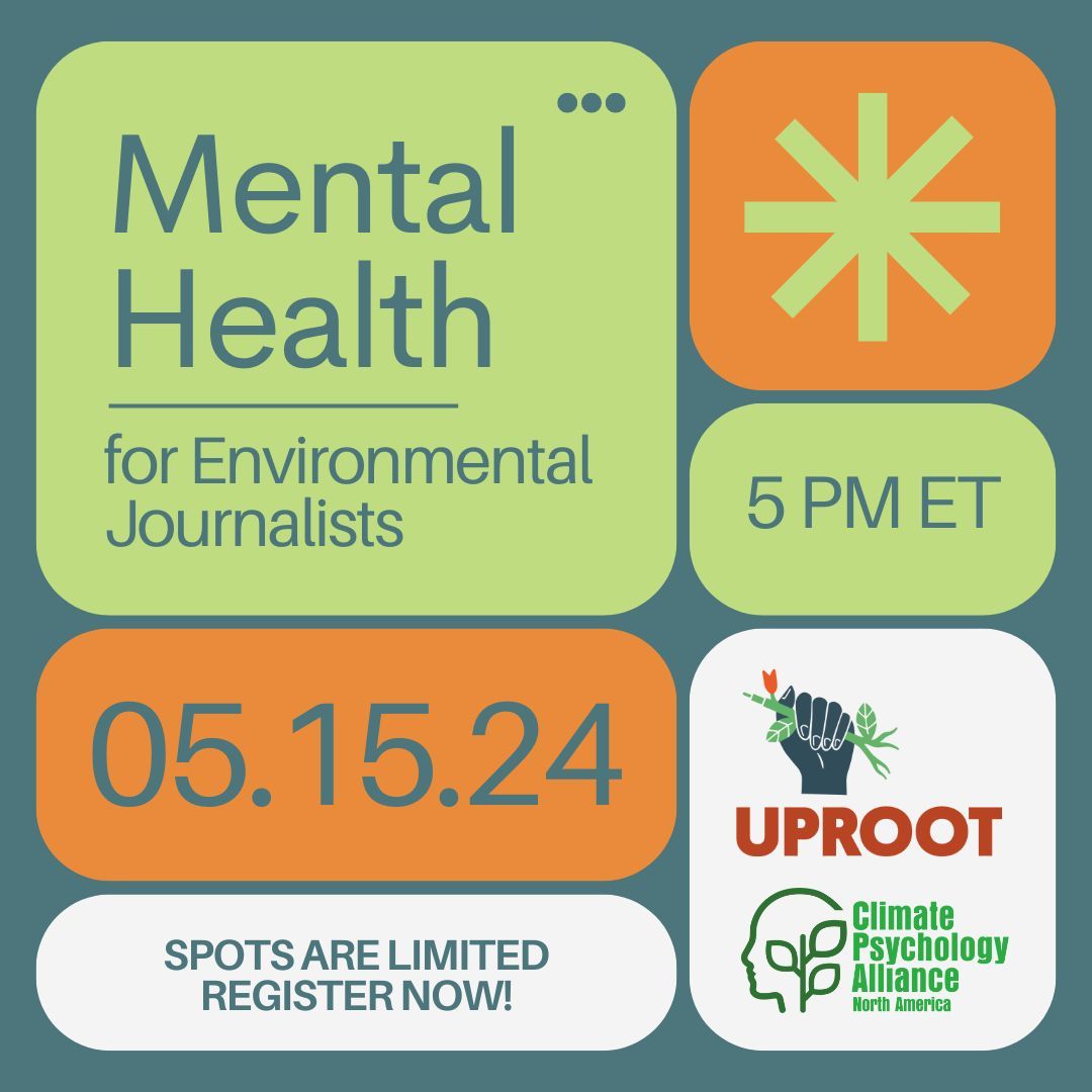 🌿 Join us for a workshop on Mental Health for Environmental Journalists of Color on May 15, 2024, at 5 PM ET. Hosted by The Uproot Project in collaboration with Climate Psychology Alliance North America. Limited spots are available, so register now! buff.ly/44hw9st