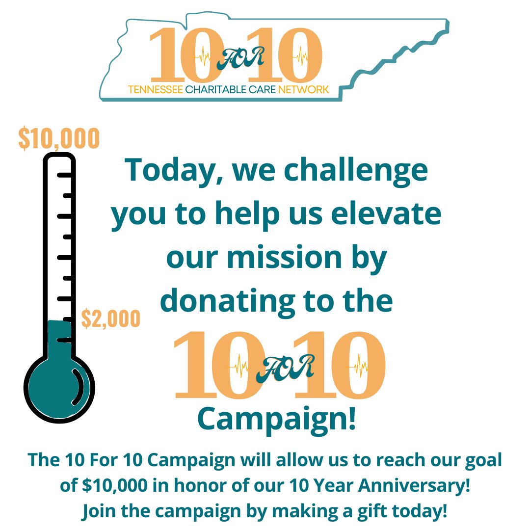 10 Years of Compassionate Care throughout Tennessee is what we at TCCN celebrate! Today, we challenge you to help us elevate our mission when you donate to the 10 For 10 Campaign! Happy #10year Anniversary TCCN! To join the campaign, visit ow.ly/JvMl50RjVjM