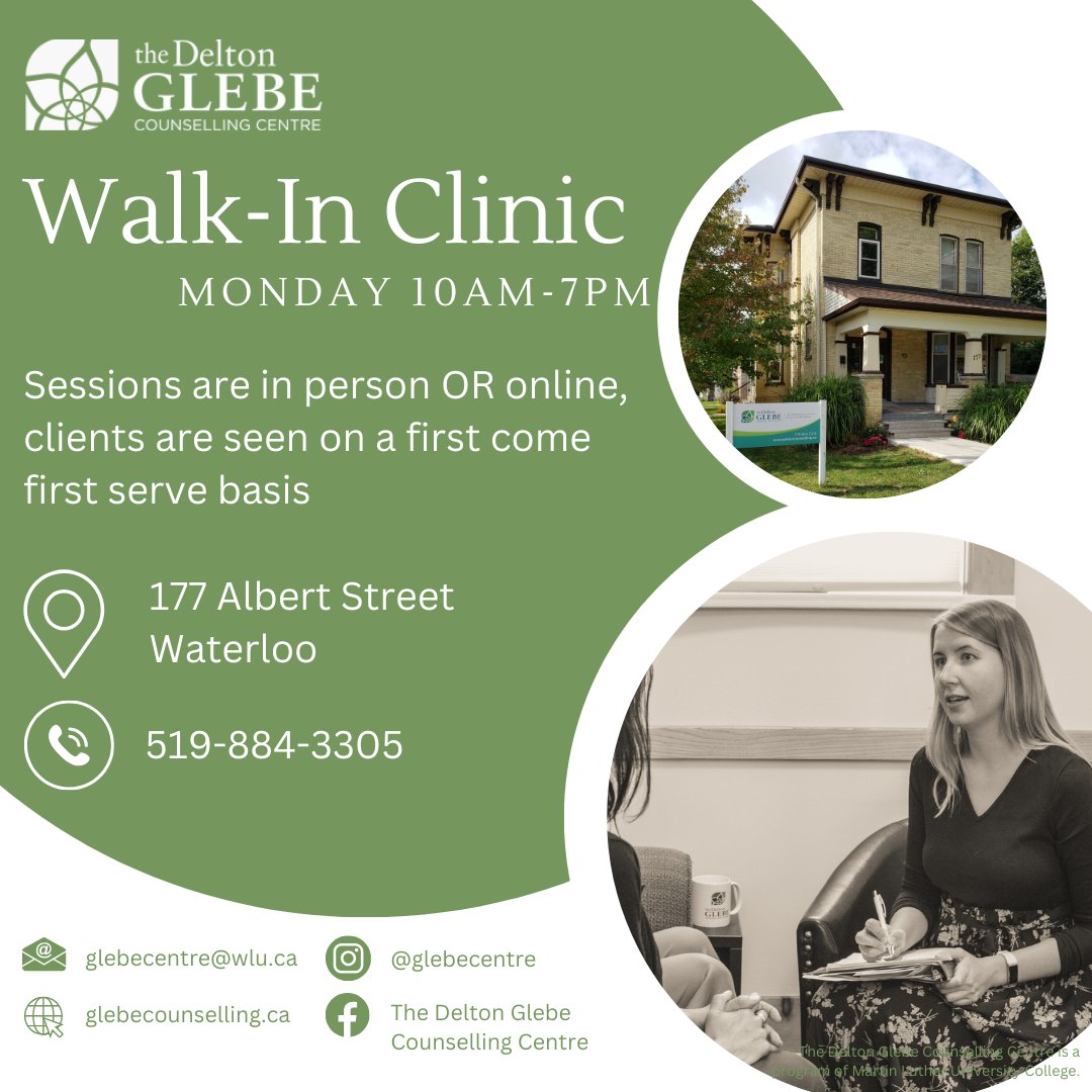 Glebe_Centre's tweet photo. Every Monday from 10:00 am to 7:00 pm, our Walk-In Clinic is available at our 177 Albert Street location. Session fees are $20 per 50-minute session and can be online or in person. Clients are seen on a first-come, first-served basis. Anyone is welcome, ages eight and up. https://t.co/gDdI6U5jTO
