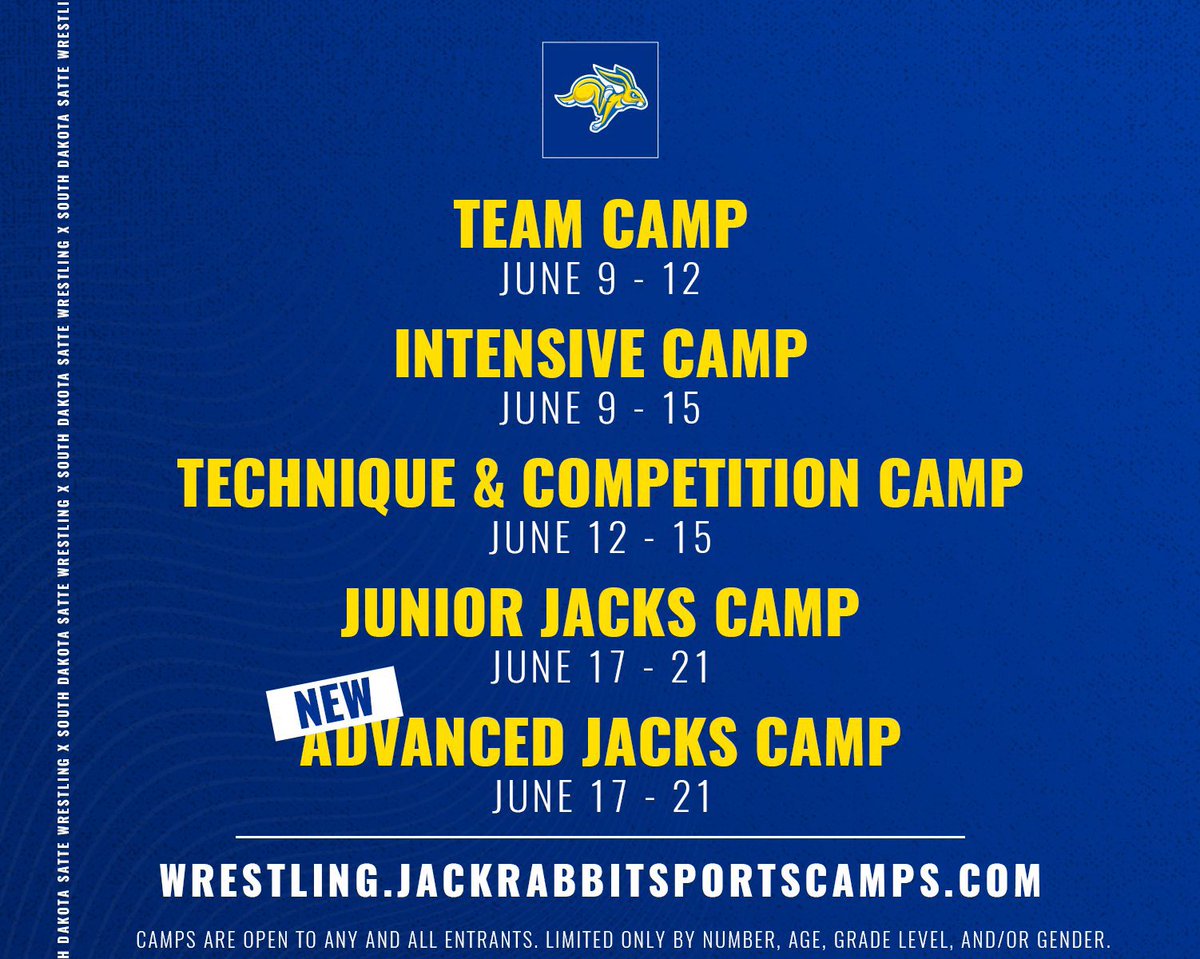 Registrations are rolling in for our 2024 camps‼️ Sign up TODAY, and come get better with the Jackrabbits #GetJacked 
🔗 wrestling.jackrabbitsportscamps.com