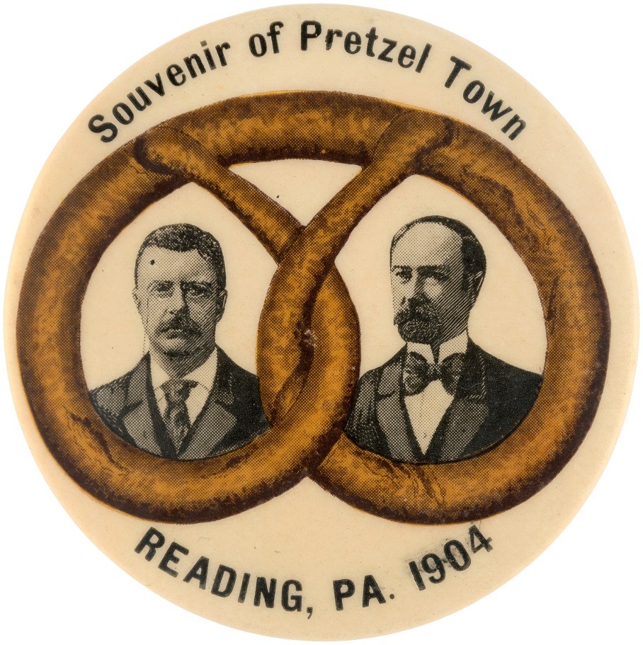 SOLD FOR $9,676! It's National Pretzel Day, so we're sharing this amazing 1904 Reading, Pennsylvania pretzel-themed button featuring Theodore Roosevelt & Charles W. Fairbanks we sold! Contact Hake's to sell your political memorabilia! 🥨 #TheodoreRoosevelt #Pennsylvania #pretzels