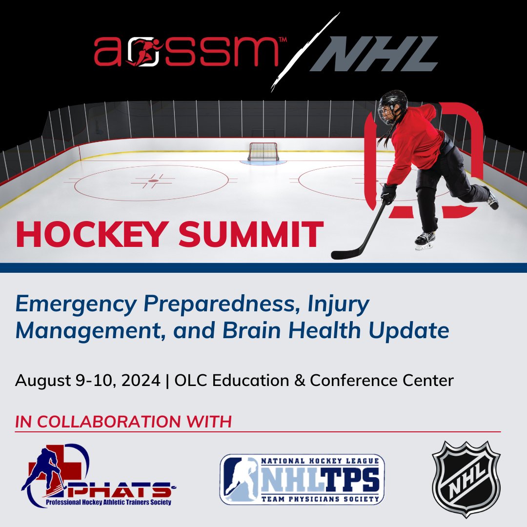 What better time than the #StanleyCup playoffs to launch an all-new hockey course? Don't miss the AOSSM/@NHL Hockey Summit Aug 9-10 for a multi-disciplinary, multi-media look at caring for hockey athletes. 🌟Register🌟 at ow.ly/JJBj50Rp3nf With @phats_sphem and the NHLTPS