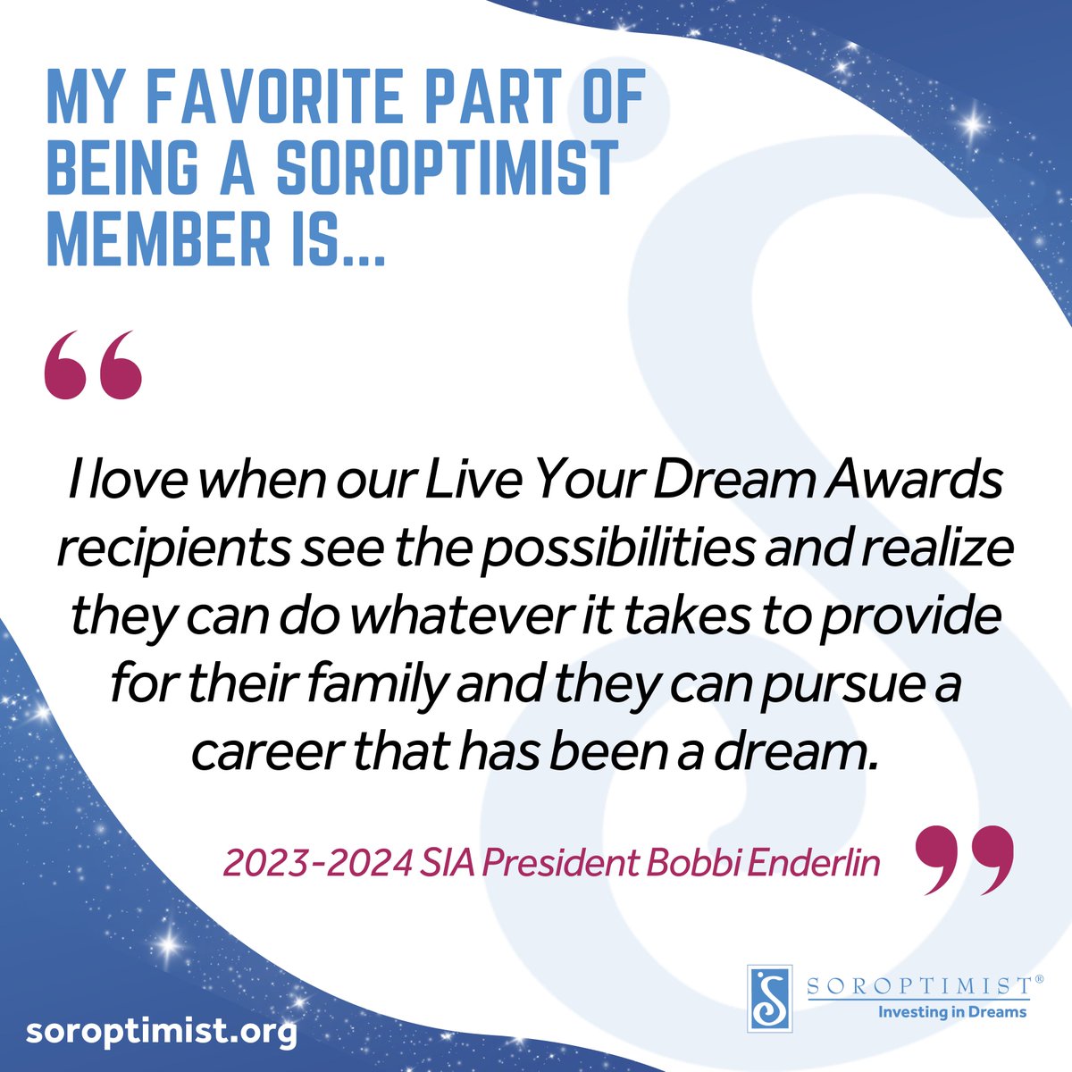 2023-2024 SIA President Bobbi Enderlin shares her favorite part of being a Soroptimist member! Tell us in the comments your favorite part for #siavolunteerweek 💙