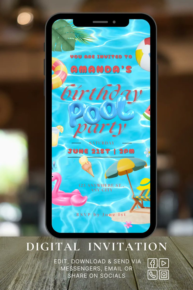 Digital Editable Birthday Pool Party Invitation Template iPhone Invite Summer birthday party Invitation Beach party Invite editable template etsy.me/3xMeuwX #birthday #smartphoneinvite #iphoneinvitation #whatsappinvitation #textmessageinvite #kidsbirthday #adultspoolparty