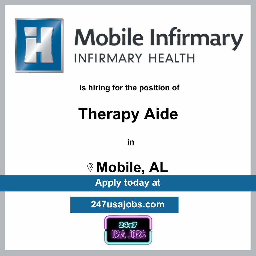 💼 Join our team in Mobile, AL! @InfirmaryHealth is hiring a Therapy Aide. If you're passionate about patient care and want to make a difference, apply now! #InfirmaryHealth #TherapyAide #MobileAL
