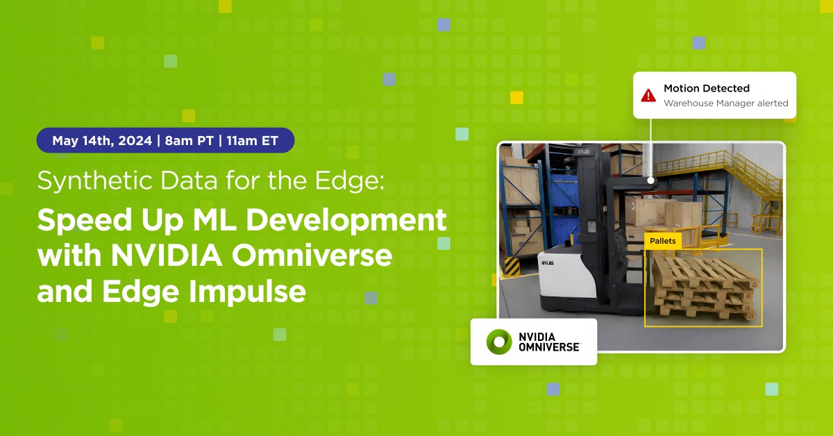 Join our webinar “Synthetic Data for the Edge: Speed Up ML Development with @NVIDIA Omniverse and Edge Impulse” and learn how to use synthetic data to get to market faster and increase ML model performance. May 14th, 8am PT/11am ET. Register here: hubs.ly/Q02tmK130