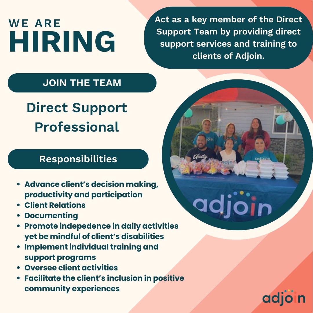 Our Adjoin Catalyst team is hiring Direct Support Professionals! Join our wonderful and hardworking team today!!⁠
⁠
Head to our website to learn more and apply: adjoin.org/join-us/careers
⁠
#Hiring #DSP #DirectSupportProfessional #DSPEmployment #EmploymentOpportunities