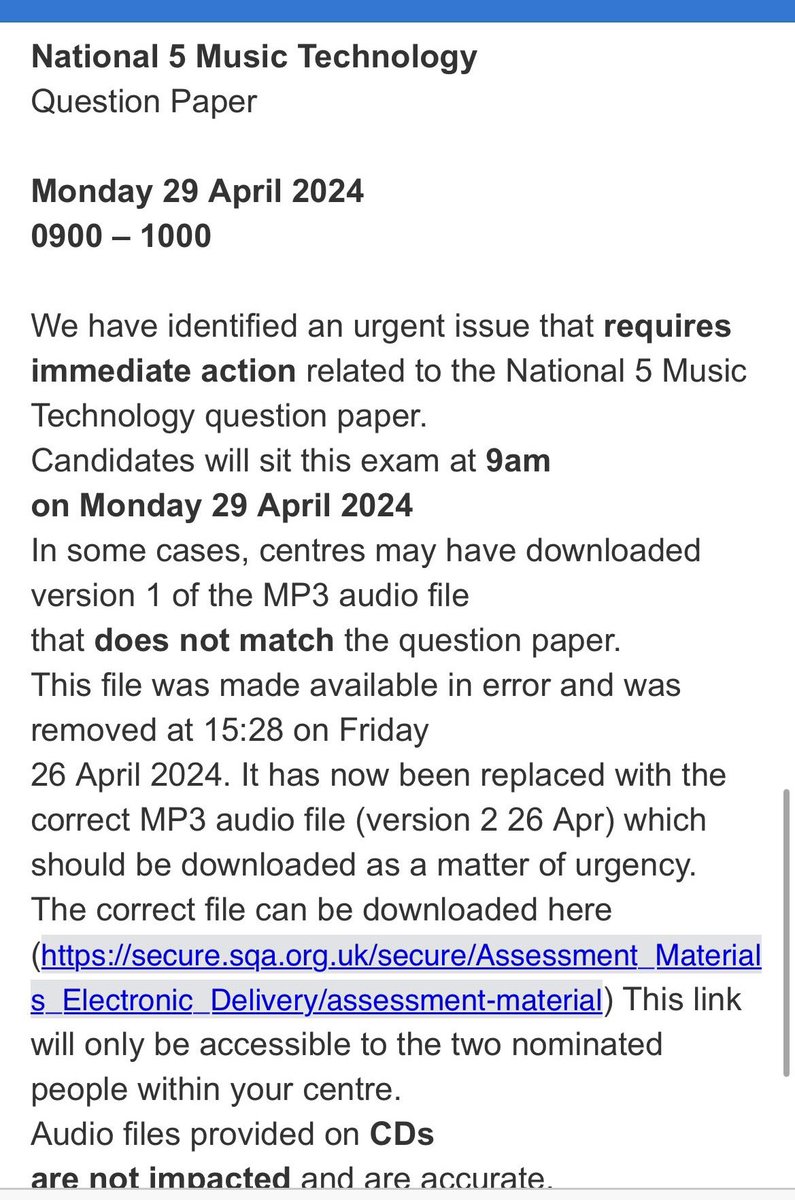 The SQA has sent out an emergency update for the National 5 Music Technology exam taking place on Monday at 9am. I'm told this only went out this evening after schools had closed.