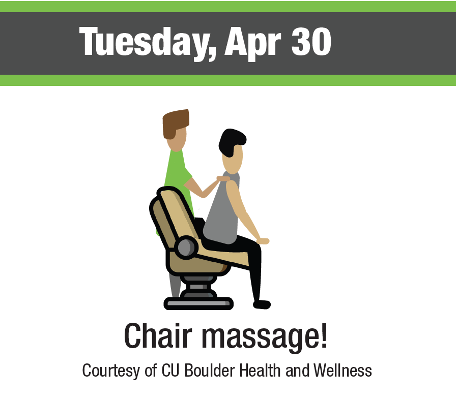 CUBoulderALTEC's tweet photo. Unwind @ ALTEC is an event meant to help you unwind and relax before finals! Stop by The HIVE (CASE E380) for some free goodies and relaxing activities this week. Today's activity will be chair massages courtesy of CU Boulder Health and Wellness! https://t.co/wsTsaOGVCw