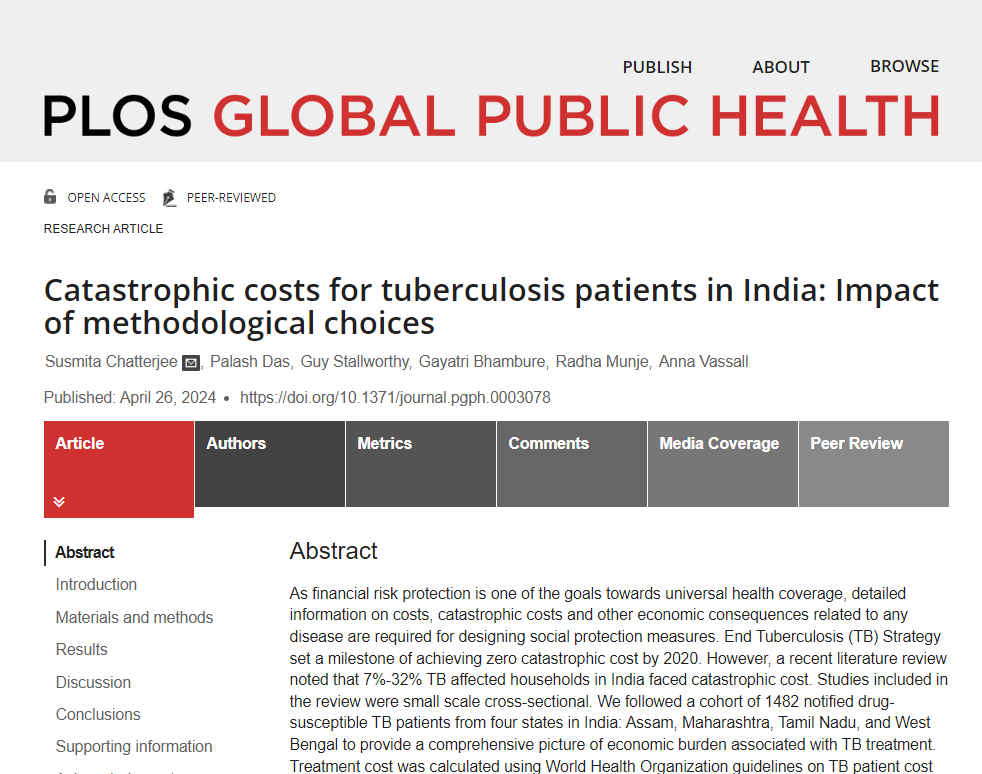 This study followed a cohort of 1482 notified drug-susceptible TB patients from four states in India: Assam, Maharashtra, Tamil Nadu, and West Bengal to provide a comprehensive picture of economic burden associated with TB treatment. plos.io/3wlJPpQ