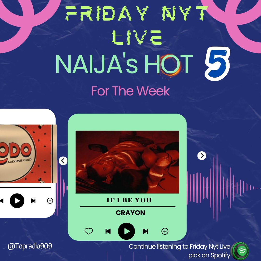 #FeelGoodMusic #FridayNytLive #NaijasHot5 with @IamStanzworld x @Iamlumi007
@ NO5, IF I BE YOU by @crayonthis 

open.spotify.com/playlist/5Reck…