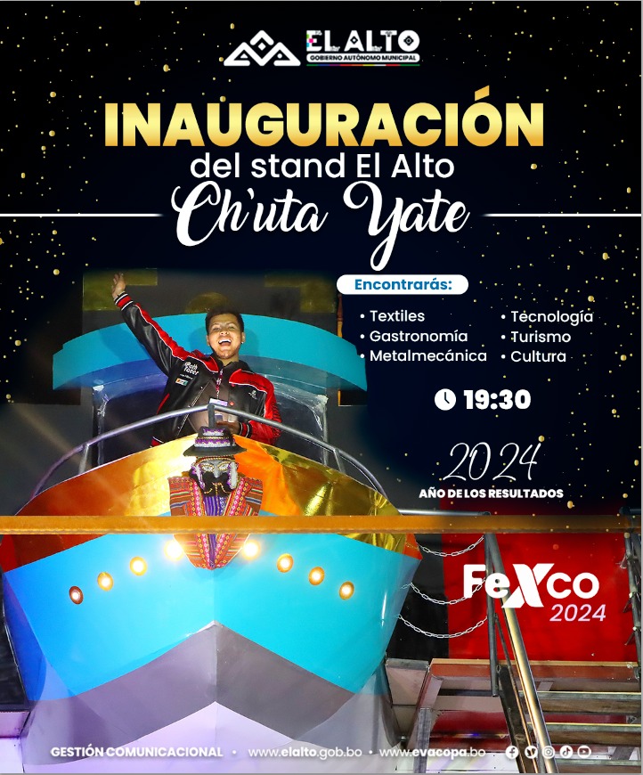🎉 Este viernes 26 es el gran día. El stand de #ElAlto 'Ch'uta Yate' abre sus puertas en la #Fexco2024 para que más de 20 productores alteños expongan sus creaciones y productos.

#RenuevaElAlto