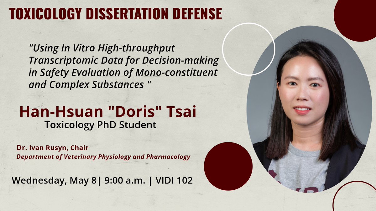 Toxicology PhD student, Han-Hsuan 'Doris' Tsai, will present her dissertation defense on May 8, 2024. @TAMU @tamuvetmed @tamusuperfund
