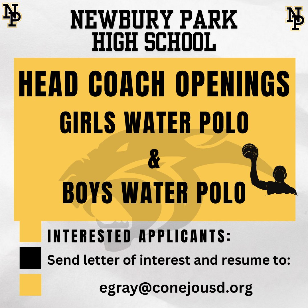 Newbury Park is looking for a passionate and knowledgeable Boys and Girls Water Polo Coach who wants to pursue winning and teach life lessons through athletics. #PantherPride #kidsdeserveit
@PositiveCoachUS  @EliavAppelbaum @latsondheimer @Tarek_Fattal @vcsjoecurley