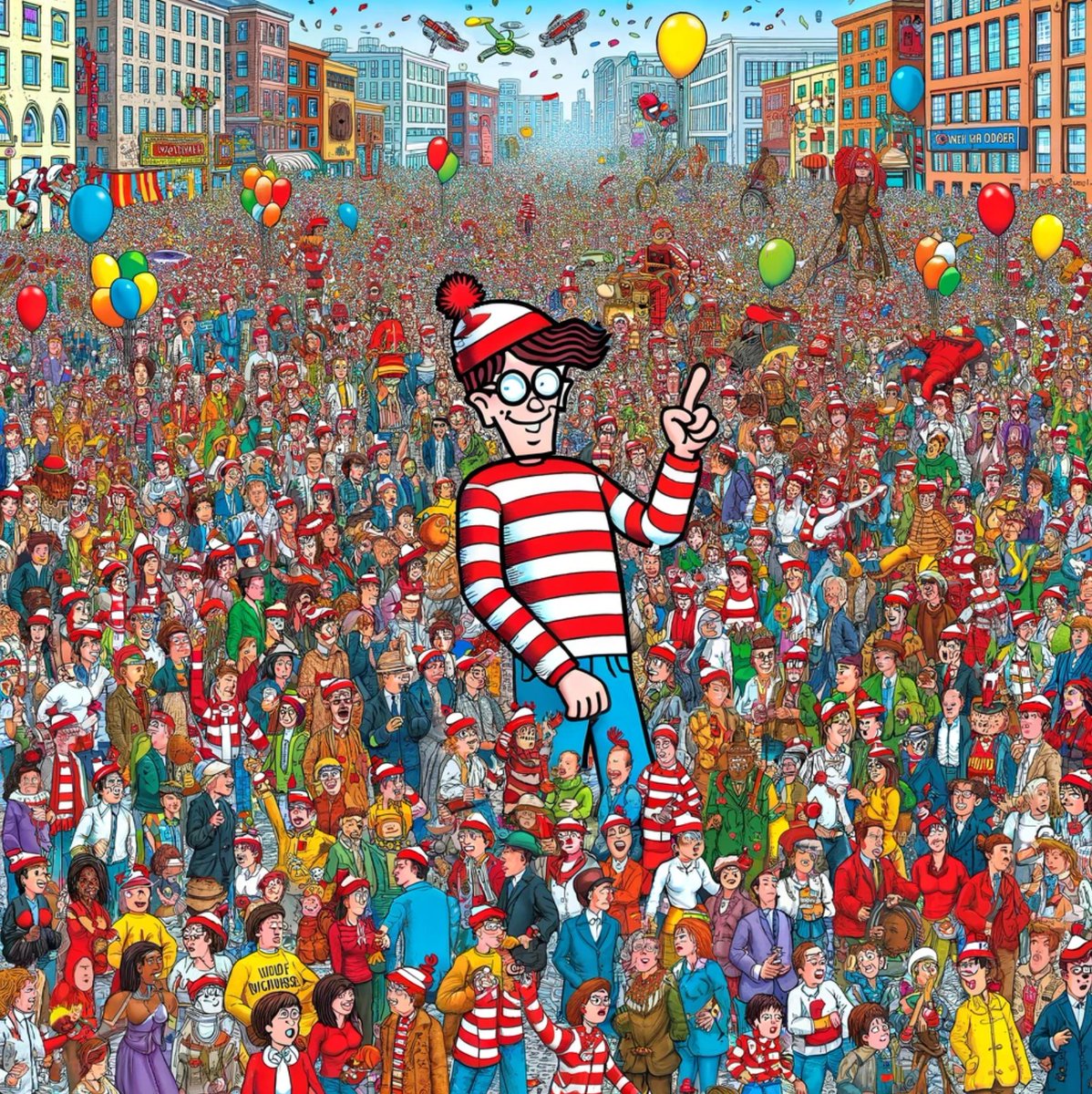 Image models still have a ways to go with semantic understanding lol

the prompt was 'a challenging where's waldo image where waldo is extremely well camouflaged and very well hidden'