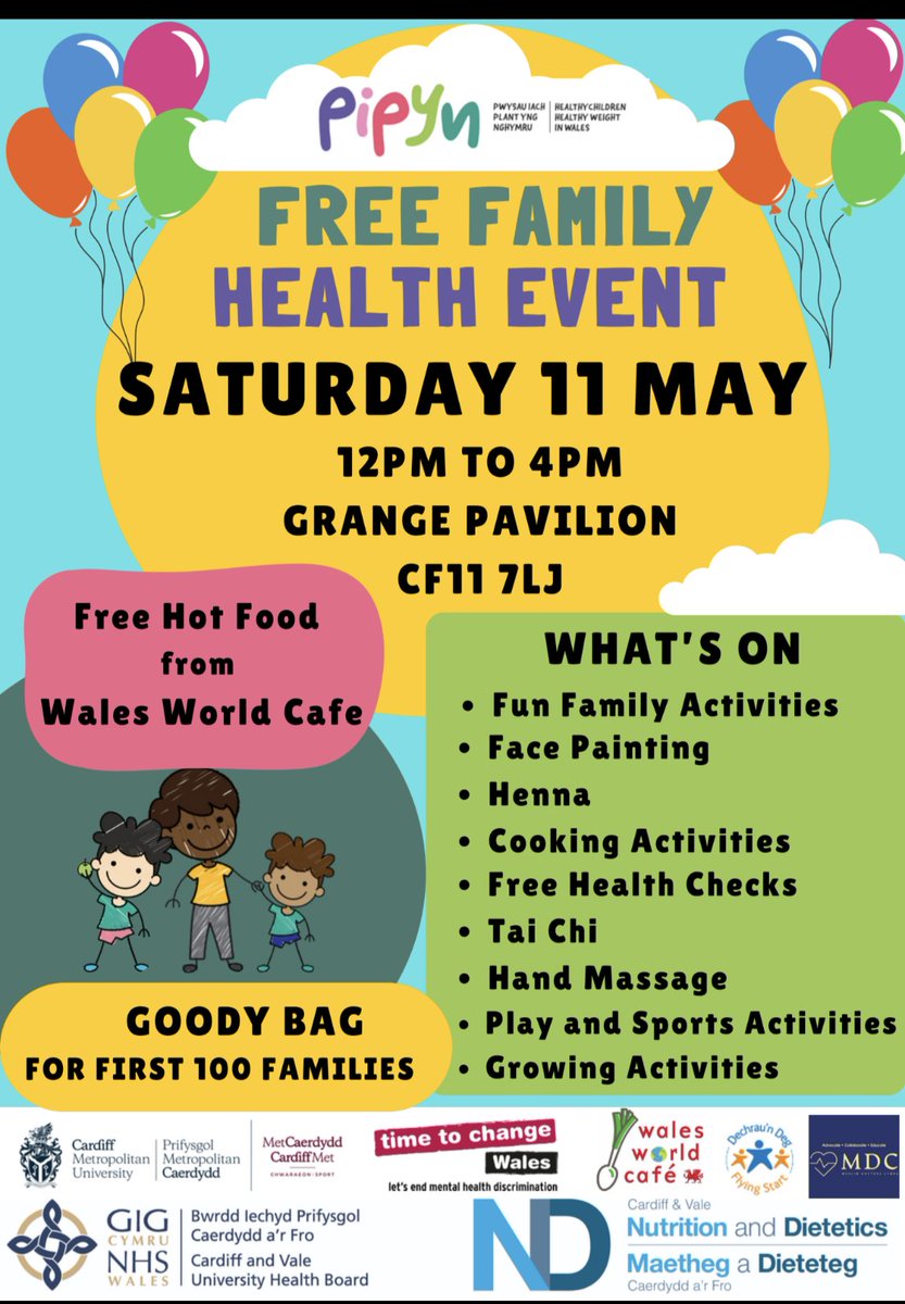 Excited to be running a fantastic FREE family health event @Grange_Pavilion working with partners to deliver a range of health, wellbeing & play activities. Free hot food, limited goody bags and lots of fun activities for all the family.