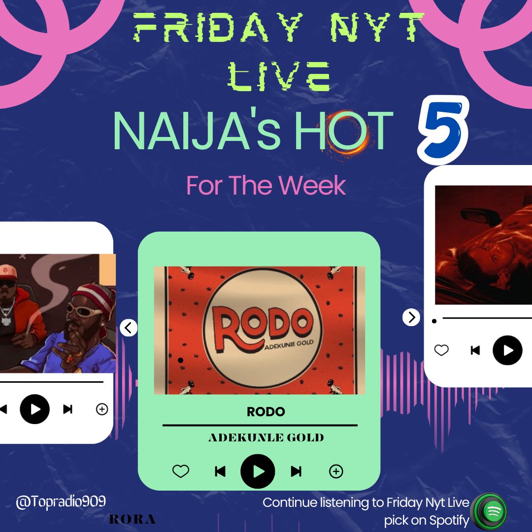 #FeelGoodMusic #FridayNytLive #NaijasHot5 with @IamStanzworld x @Iamlumi007
@ NO4 , RODO by @adekunleGOLD

open.spotify.com/playlist/5Reck…