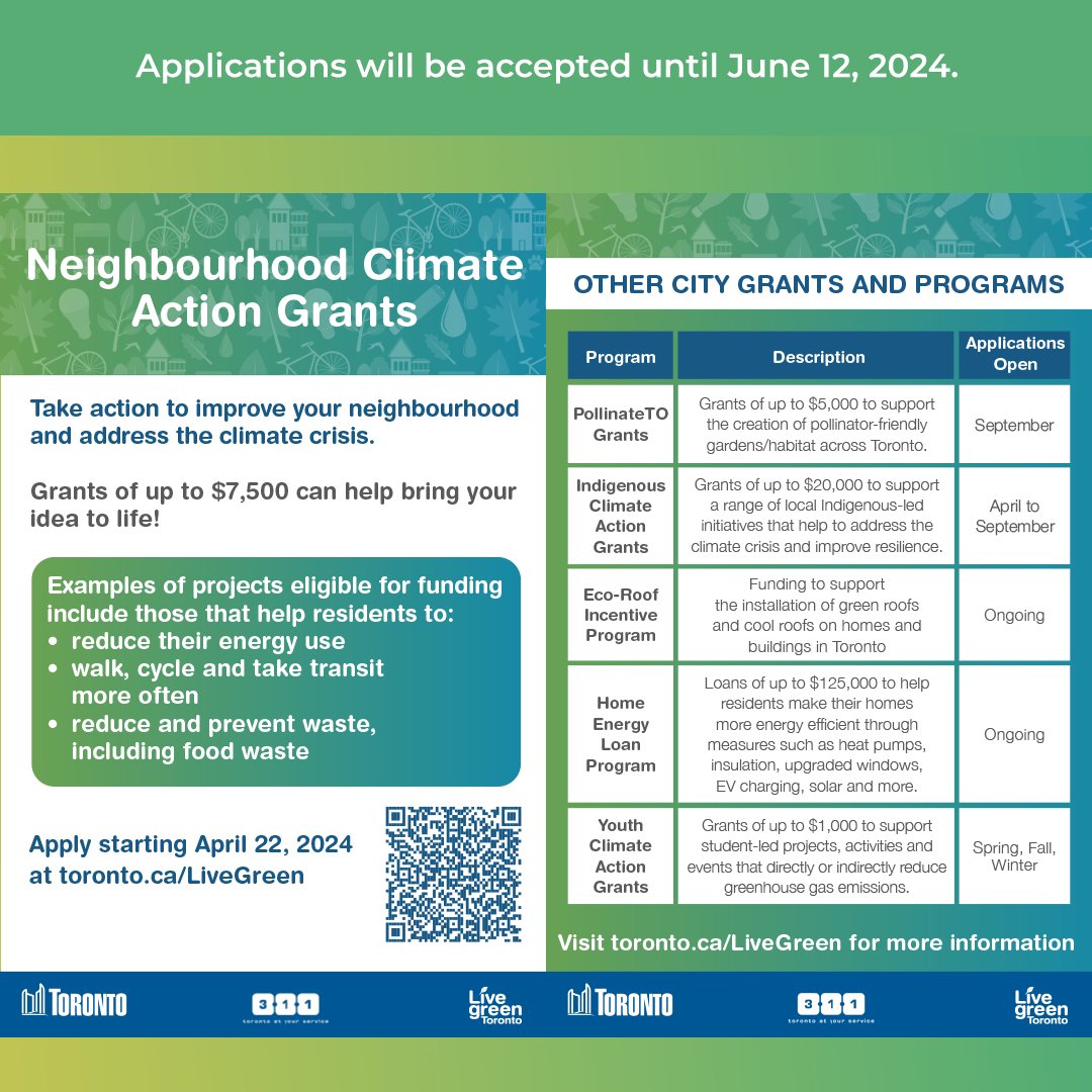 The Neighbourhood Climate Action Grants aim to increase awareness and engagement on climate action at the local level by funding activities and events. To apply, visit toronto.ca/LiveGreen before June 12, 2024. #communitybenefits #climateactiongrant #cityoftoronto