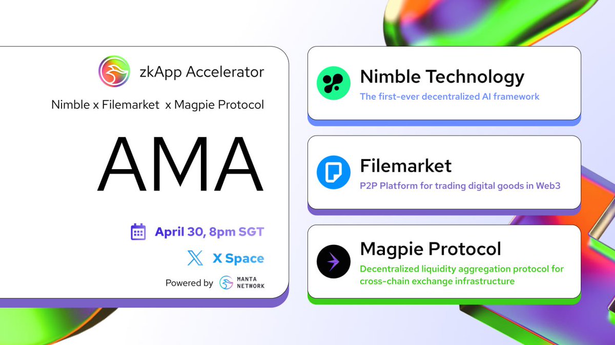 Join us for an exciting AMA! ✈️ Welcoming 3 other projects from our zkAP-I acceleration program: 1️⃣ @Nimble_Network : The first-ever decentralized AI framework. 2️⃣ @FileMarket_xyz : P2P Platform for trading digital goods in Web3 3️⃣ @magpieprotocol : Decentralized…