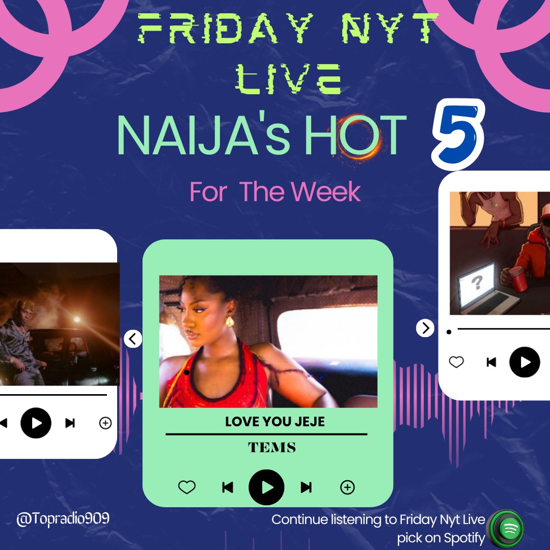 #FeelGoodMusic #FridayNytLive #NaijasHot5 with @IamStanzworld x @Iamlumi007
@ NO2 , LOVE ME JEJE  by @temsbaby

open.spotify.com/playlist/5Reck…