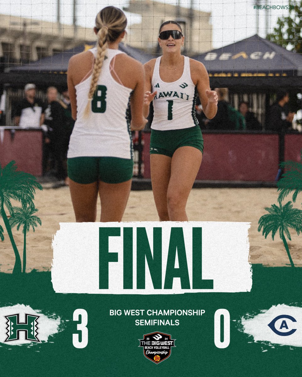 Punched our ticket to the 🚢❗️ 

#HawaiiBVB defeats UC Davis in the @BigWestSports semis and will now face host and No. 2 seed Long Beach State in the finals at 2:15 pm PT/11:15 am HT!

#BeachBows24 x #GoBows 🌈