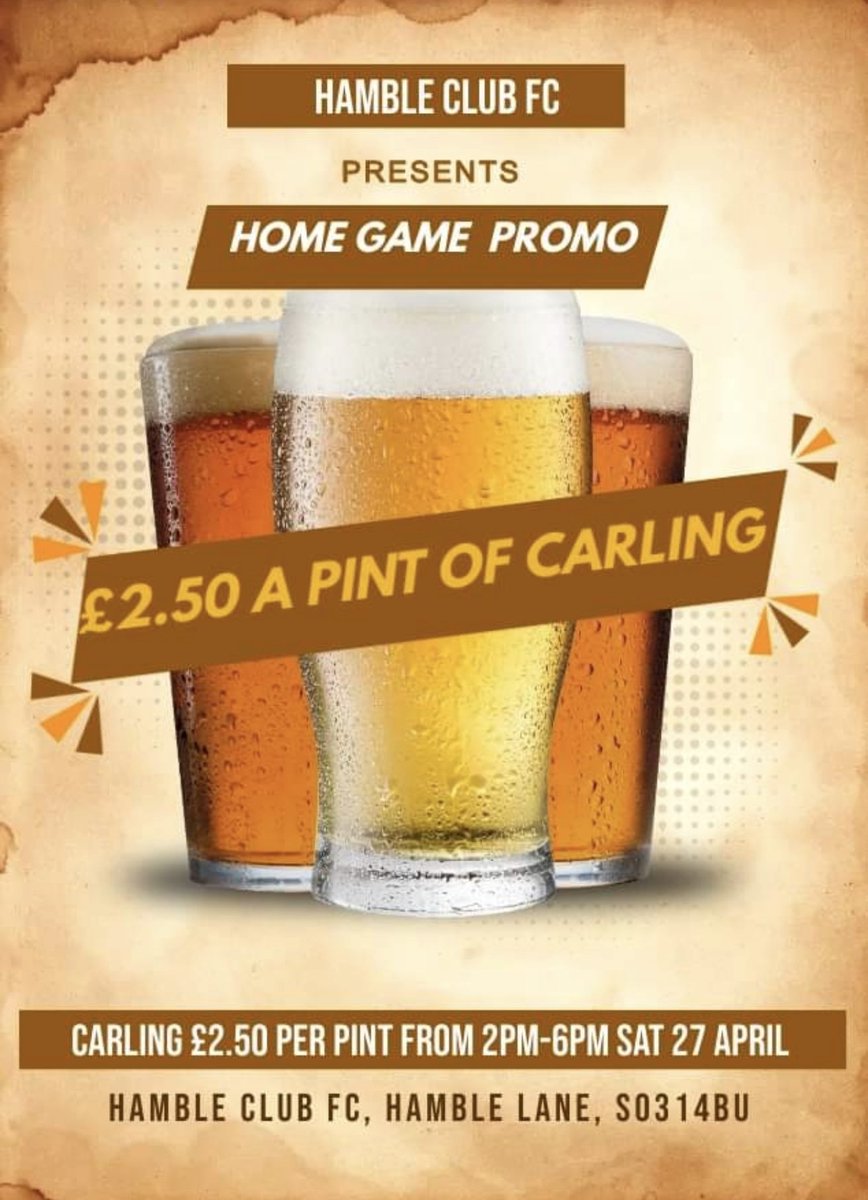 Game day deal Carling £2.50 a pint whilst you watch Hamble Clubs last Wessex league game at home, before we are in cup action In the RCC cup and the Wessex league cup final. @lymingtontownfc @90MinutesMore @HambleFC @WessexLeague @sholingfc