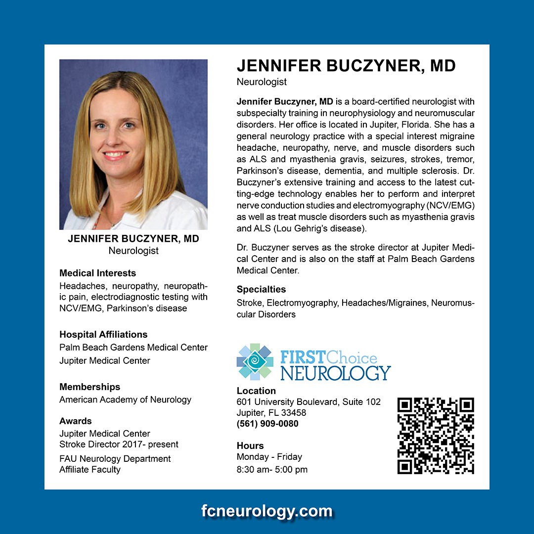 𝗣𝗵𝘆𝘀𝗶𝗰𝗶𝗮𝗻 𝗙𝗿𝗶𝗱𝗮𝘆 - 𝗠𝗲𝗲𝘁 𝗗𝗿. 𝗝𝗲𝗻𝗻𝗶𝗳𝗲𝗿 𝗕𝘂𝗰𝘇𝘆𝗻𝗲𝗿 Jennifer Buczyner, MD is a board-certified neurologist with subspecialty training in neurophysiology and neuromuscular disorders. #Neurologist #jupiter #palmbeachgardens @AANmember