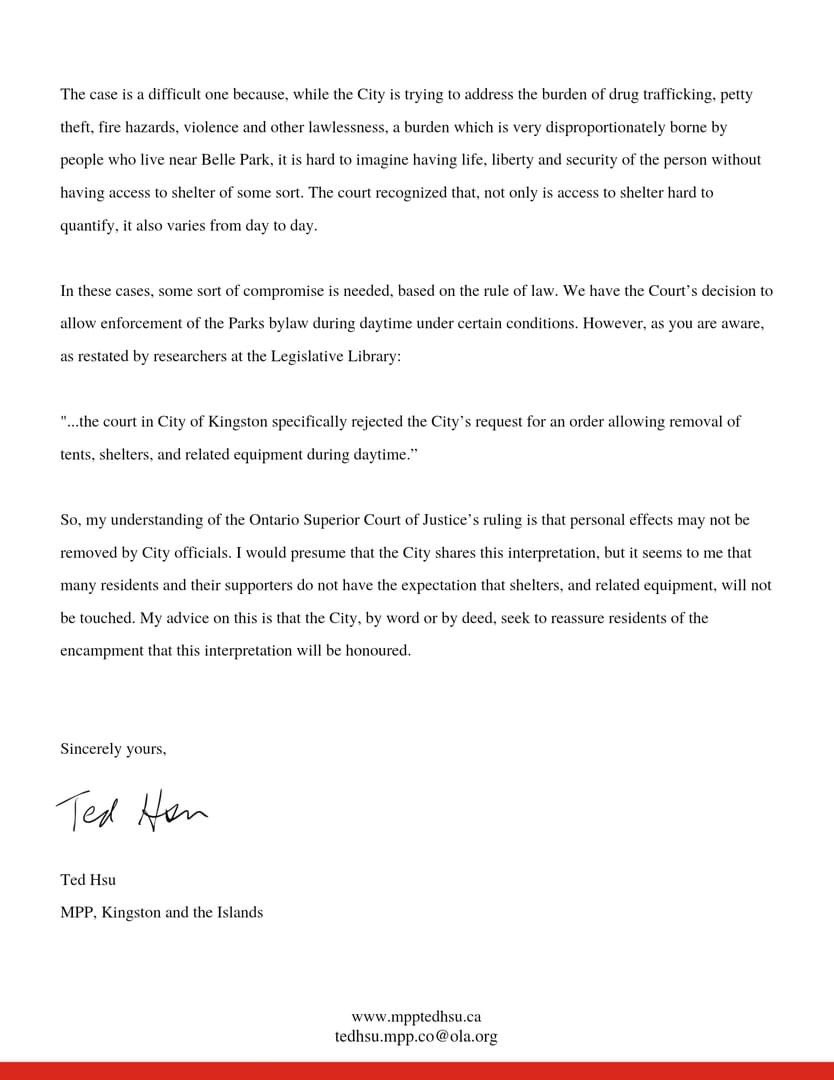 This afternoon, I sent a letter to Mayor Paterson on the situation at the Belle Park encampment as it pertains to personal effects at the site. I hope the City takes the opportunity to reassure residents that it shares the interpretation that personal effects may not be removed