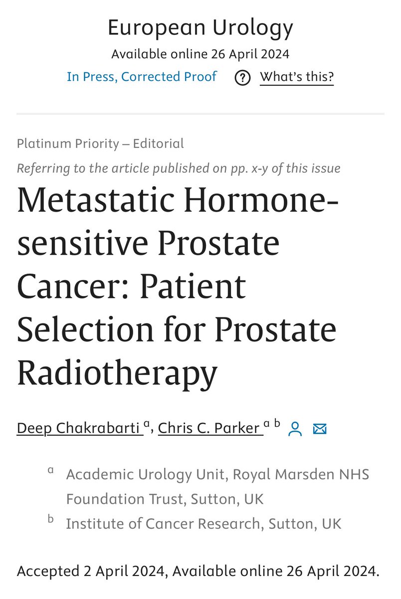 Our editorial in @EUplatinum on prostate radiotherapy for mHSPC is now online ! @PCaParker Read here: authors.elsevier.com/c/1i~y6_6tuN-i… @RM_Radiotherapy @royalmarsdenNHS @ICR_London #prostatecancer