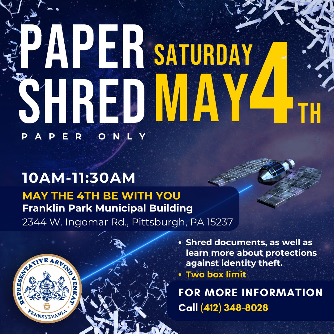 Join us this Saturday for a free paper shredding event at the Franklin Park Municipal Building from 10am to 11:30am. Limit two boxes per car. Hope to see you there!