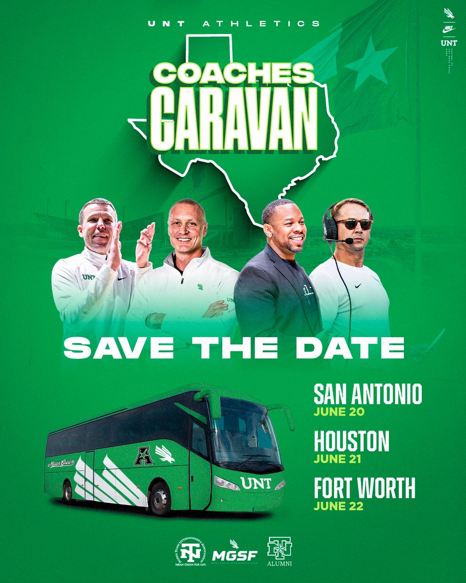 ❕❕2024 COACHES CARAVAN ❕❕ Mark your calendars! Come hang out with some of your Mean Green Coaches and Director of Athletics! More information to come... #GMG 🦅🟢