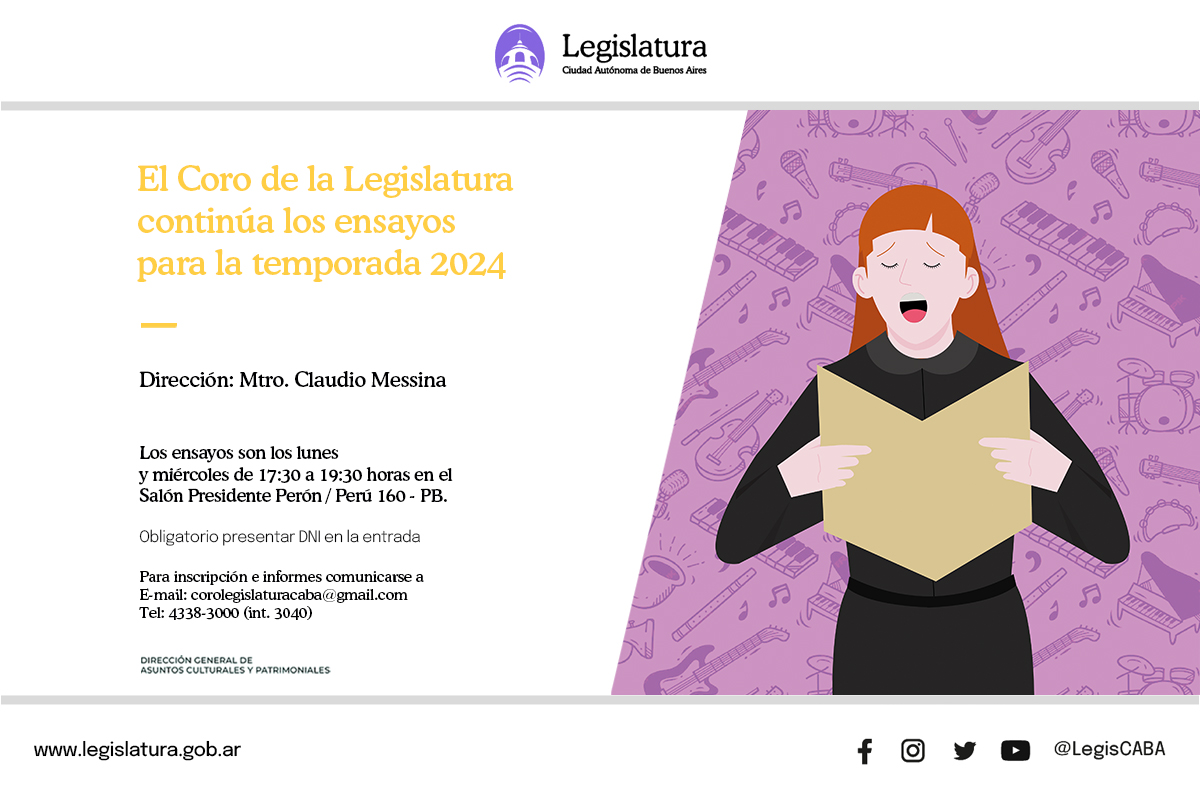 🎼🎶 Los invitamos a formar parte del Coro de la Legislatura con la dirección del Maestro Claudio Messina. Los ensayos se realizan los lunes y miércoles de 17:30 a 19:30 hrs. en el Salón Presidente Perón. Para más información, visitá 👉 legislatura.gob.ar/posts/dame-la-…