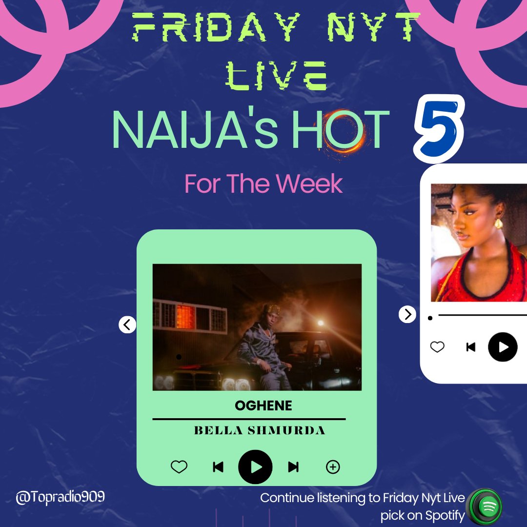 #FeelGoodMusic #FridayNytLive #NaijasHot5 with @IamStanzworld x @Iamlumi007
@ NO1 , OGHENE by @BELLASHMURDA FT @Zlatan_Ibile @jeriqthehussla

open.spotify.com/playlist/5Reck…