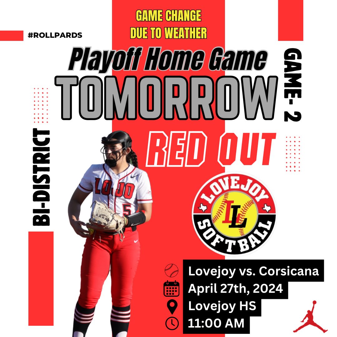 ‼️Due to anticipated tornado warnings tonight, Game 2 of our bi-district series is being postponed to tomorrow!! Game information is below👇🏼 🚨 BI-DISTRICT PLAYOFF GAME 2 ‼️ RED OUT 🆚 Corsicana Tigers 📆 Saturday, April 27th, 2024 ⏰ 11:00 AM 📍 Lovejoy HS 🥎 #rollpards #attack