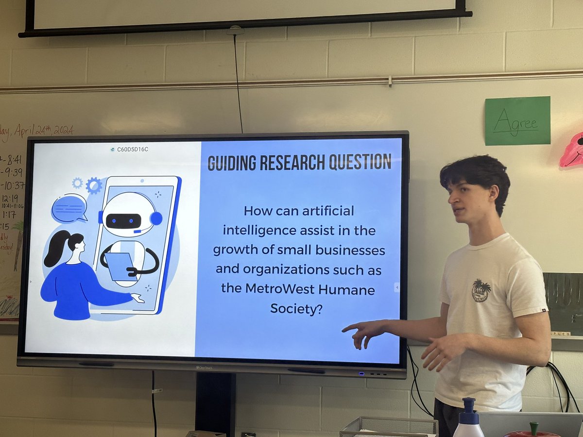 Day 3: Graduation Distinction Project (yearlong capstone): “How can Artificial Intelligence assist in the growth of small businesses like the MetroWest Humane Society?” Awesome job Stephen!!
@KingPhilipHS
#passionproject #studentagency