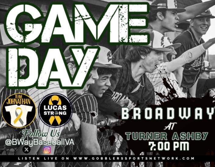 🎵 On the Road Again…🎵 📆 April 26 🕐 6:45ish 🦃 Broadway Gobblers(10-1) 🆚 T.A. Knights(5-7) 🏟️ T.A. 🌡️ 57° ⛅️ 🎟️Y’all Come! 📺GameChanger: web.gc.com/teams/KdgKSZcx… 📻listen Live: Gobblersportsnetwork.com #LucasStrong #LaceUp #ForTheTown #TeamJohnathan