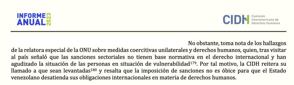 ÚLTIMA HORA: Hasta la Corte Interamericana pide levantar sanciones a Venezuela. En su informe Venezuela 2023, cuyo 99,99% repite la misma narrativa criminalizadora de cada año contra Venezuela, la CIDH sin embargo se tomó un par de párrafos para reconocer que las sanciones…