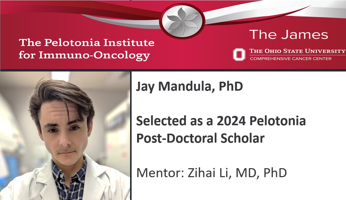 👏Congrats to Dr. Jay Mandula (postdoc in the @Zihai Lab), who received a Pelotonia PostDoctoral Scholar award for his project titled “Leveraging #immunogenic cell death to reprogram the #immunosuppressive_tumor_microenvironment and restore #antitumor_immunity in #BladderCancer”