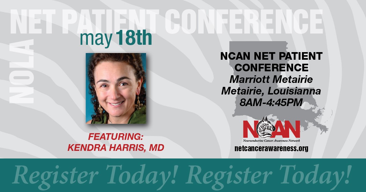 We're so excited to have Dr. Kendra Harris at our May 18th NET Patient conference in Metairie, LA! You are not going to want to miss this! Registration is open now! netcancerawareness.org/event/ncan-202… #NeuroendocrineCancer #NeuroendocrineTumor #NETs #ZebraStrong #NCAN #CancerSupport