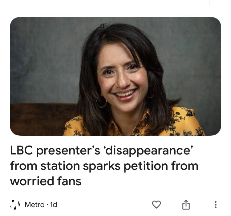 Another weekend without @SangitaMyska on @LBC I reckon. Another victim. Guilty only of having the integrity, courage and principles to question the conduct of Israel’s war in Gaza. We must not allow mainstream media to smother freedom of speech on this topic, or any other.