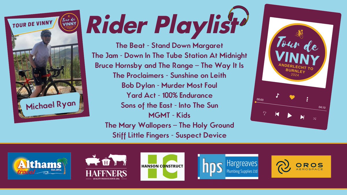 🎧RIDER PLAYLIST | We've still a couple of playlists to get through before the Grand Depárt on Monday! 🎶This one is from Michael Ryan! Any of these make your playlist? 😊gofundme.com/f/tour-de-vinny #twitterclarets