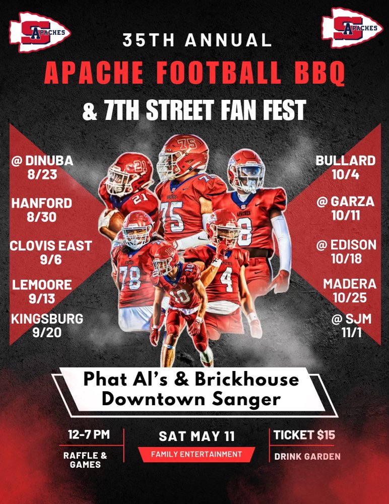 It’s that time of the year again! Sanger Football Block Party BBQ..Buy tickets from any Sanger football coach ($15) or Brickhouse Bar & Grill (1315 7th St.) Food will only be served from 12-5pm. Walk ups are welcome. Questions, call or text Coach Logue (559) 779-9232) Go Apaches!