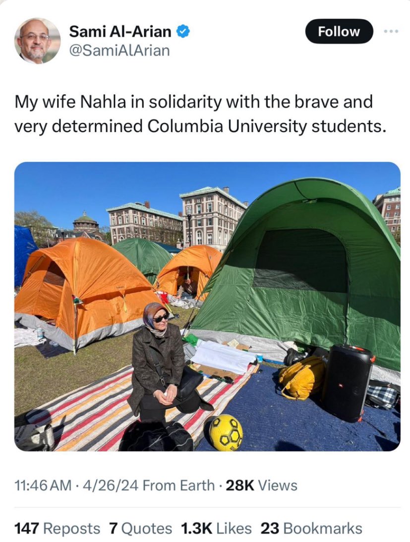 Wife of the convicted financier of Palestinian Islamic Jihad, a U.S.-designated terrorist organization, joins the protests at Columbia.