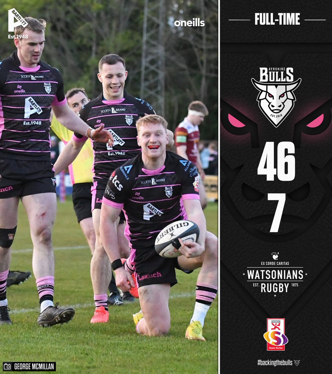 FULL-TIME 8 Tries, 8 different scorers! 🔥 The Bulls WIN in Round 2 of the FOSROC Super Series Sprint after tonight’s victory over Watsonians at Millbrae! Ayrshire Bulls 46-7 Watsonians #backingthebulls | #FOSROCSuperSeries