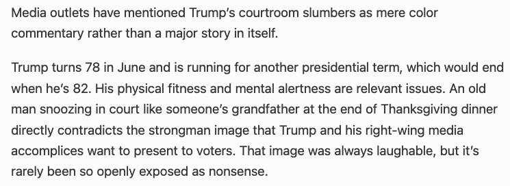 Trump fell asleep in court AGAIN today. But it's still a quick social media post or a slight mention in a news story. I know there's A LOT of news but it sure seems like there is an active effort to NOT do any serious reporting on this issue. Good piece from @SER1897⤵️
