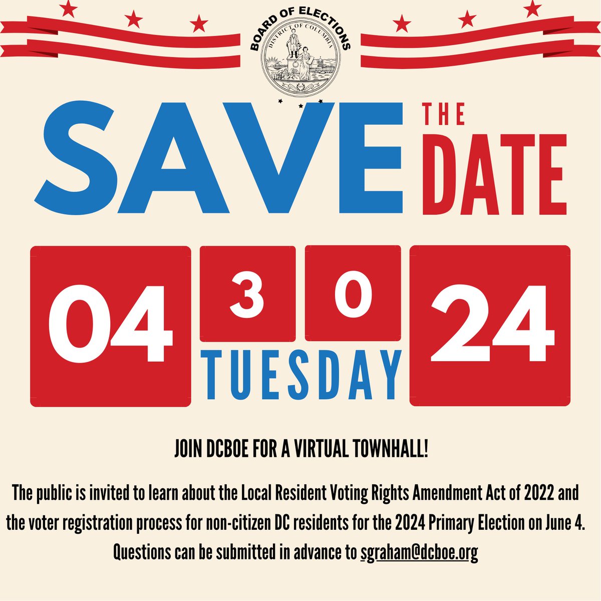 Join DCBOE on Tuesday, April 30 at 2:00 pm for a virtual townhall meeting discussing the voting process and rights of non-citizen DC voters in the upcoming #PrimaryElection. Members of the public can access the meeting virtually, via Zoom: bit.ly/4aTyxZ3