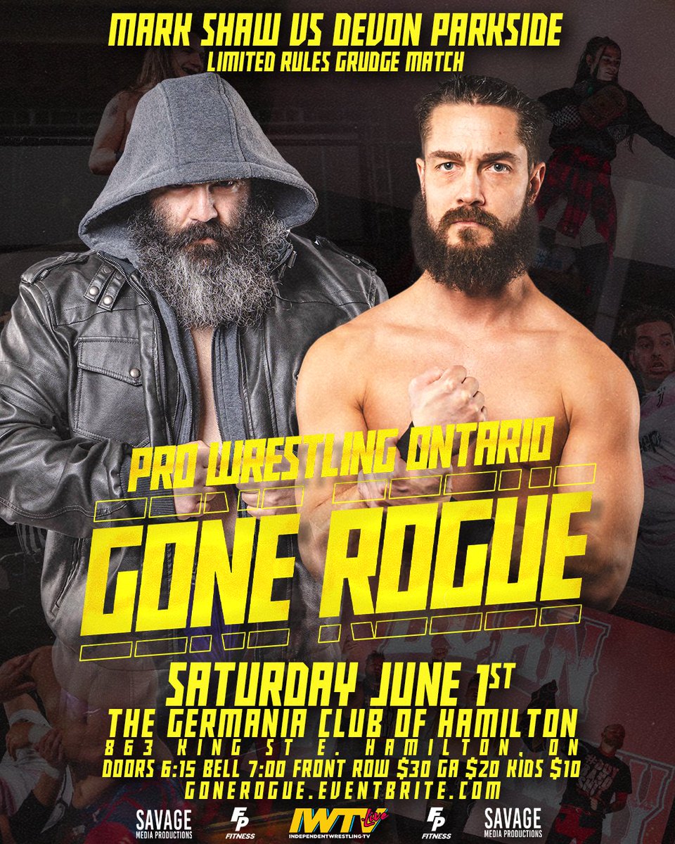 🌐#MATCHANNOUNCEMENT🌐

#DevonParkside & @GrinderMarkShaw have not been seeing eye to eye as of late, leading to the two nearly coming to blows at our last event.

So on June 1st at #GoneRogue, They will compete in a Limited Ruled #GrudgeMatch!

Tickets
gonerogue.eventbrite.com