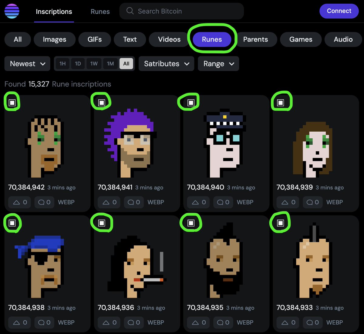 For anybody trying to follow along with the Rune Punks thing @ord_io now has a new tab for filtering for Runes inscriptions! Every inscription that is tied to a Rune also shows a ▣ symbol on the preview card. Newest Rune inscriptions → ord.io/?sortBy=newest…