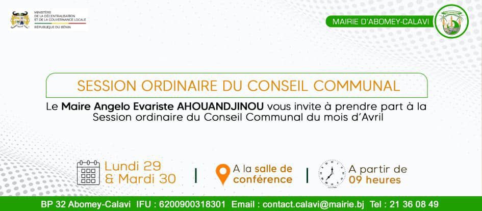 Session ordinaire du Conseil Communal les lundi 29 et Mardi 30 Avril 2024 à la salle de conférence de la mairie.
#mairiedabomeycalavi
#dsicalavi
#collectiviteslocales

𝐀𝐛𝐨𝐦𝐞𝐲-𝐂𝐚𝐥𝐚𝐯𝐢, 𝐥𝐚 𝐯𝐢𝐥𝐥𝐞 𝐝𝐮 𝐟𝐮𝐭𝐮𝐫!